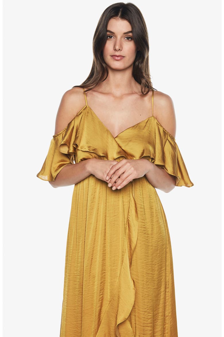 Bea Cold Shoulder Ruffle Dress, Alternate, color, GOLD