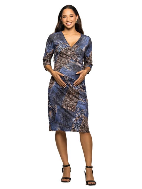 Three Quarter Sleeve Faux Wrap Dress in Animal Print