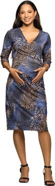 24seven Comfort Apparel Three Quarter Sleeve Faux Wrap Dress in Animal Print