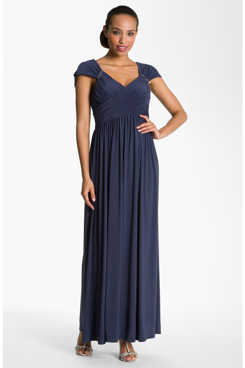 Crisscross Bodice Jersey Gown, Main, color, CARBON