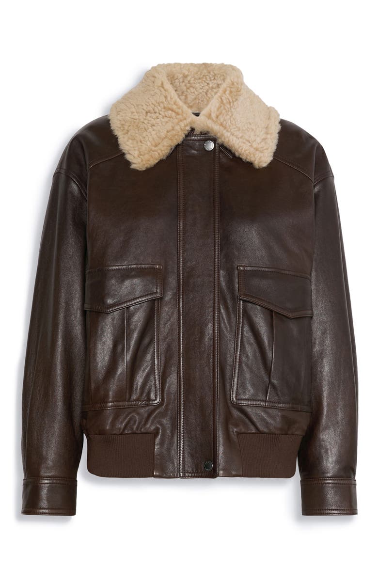 Genuine Shearling Collar Leather Bomber Jacket, Alternate, color, DARK BROWN