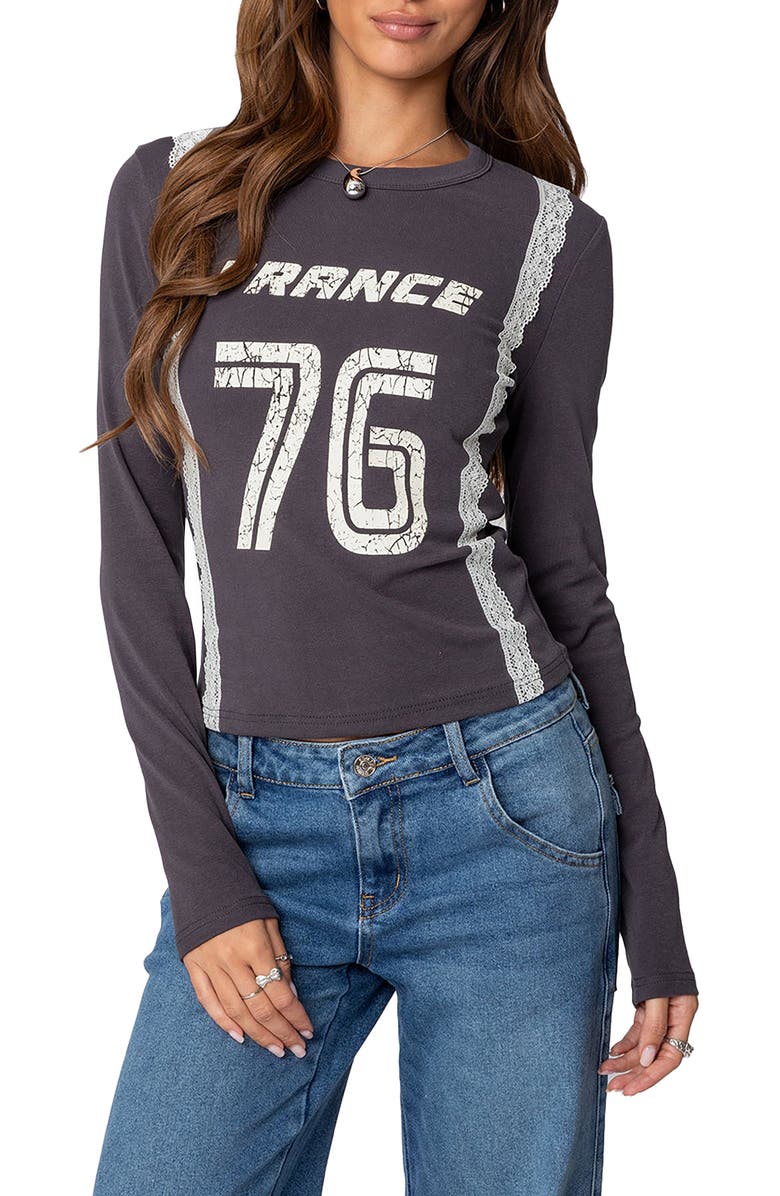 EDIKTED Frenchy Long Sleeve Cotton Graphic T-Shirt, Main, color, Dark-Gray