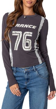 EDIKTED Frenchy Long Sleeve Cotton Graphic T-Shirt