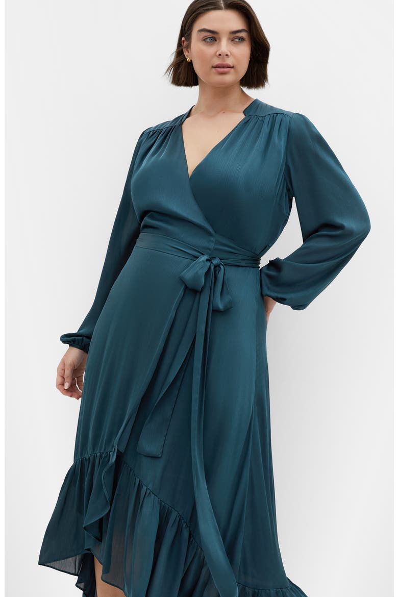 Rylie Love Long Sleeve High-Low Satin Maxi Dress, Alternate, color, TEAL