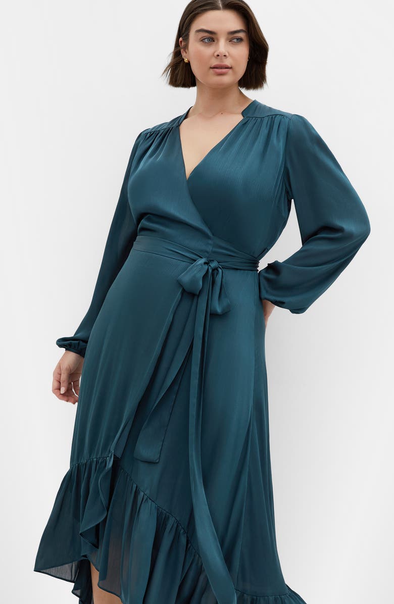 City Chic Rylie Love Long Sleeve High-Low Satin Maxi Dress, Alternate, color, Teal