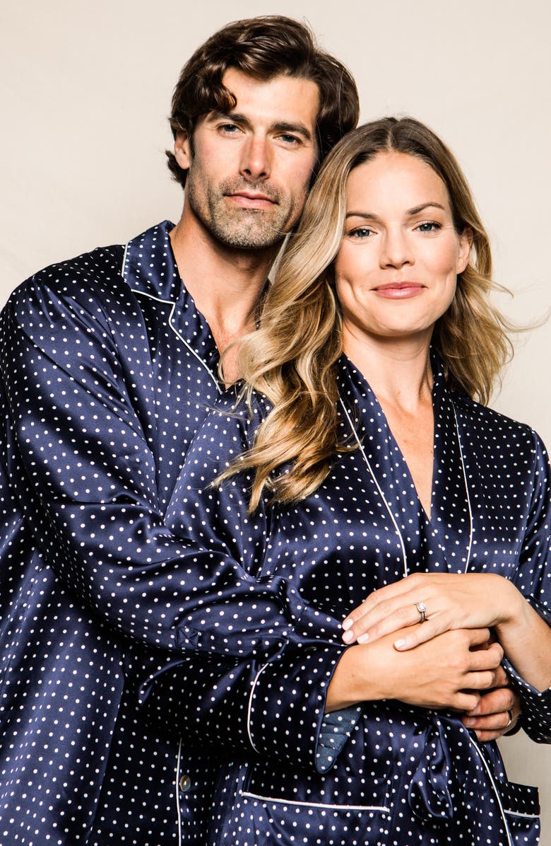 Petite Plume Navy Polka Dot Silk Pajamas, Alternate, color, 