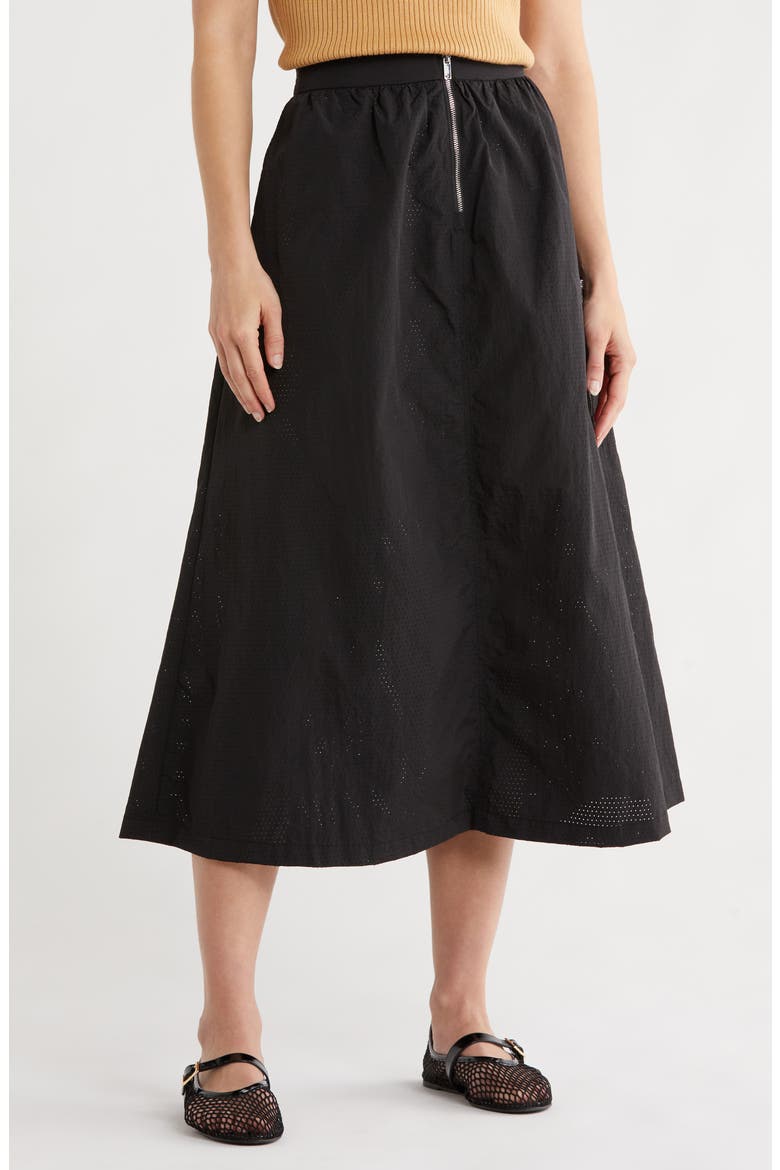 Perforated Tech Fabric Midi Skirt, Main, color, BLACK