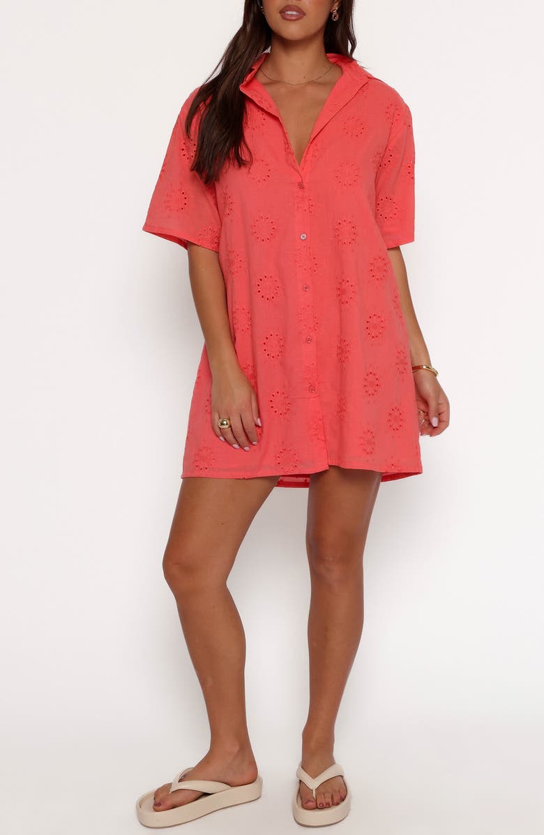 Petal & Pup Norah Embroidered Cotton Mini Shirtdress, Main, color, Coral