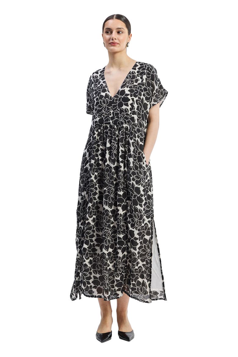 Deep V-neck Maxi Dress with Front Gathers in Black Florals, Alternate, color, Midnight Bloom