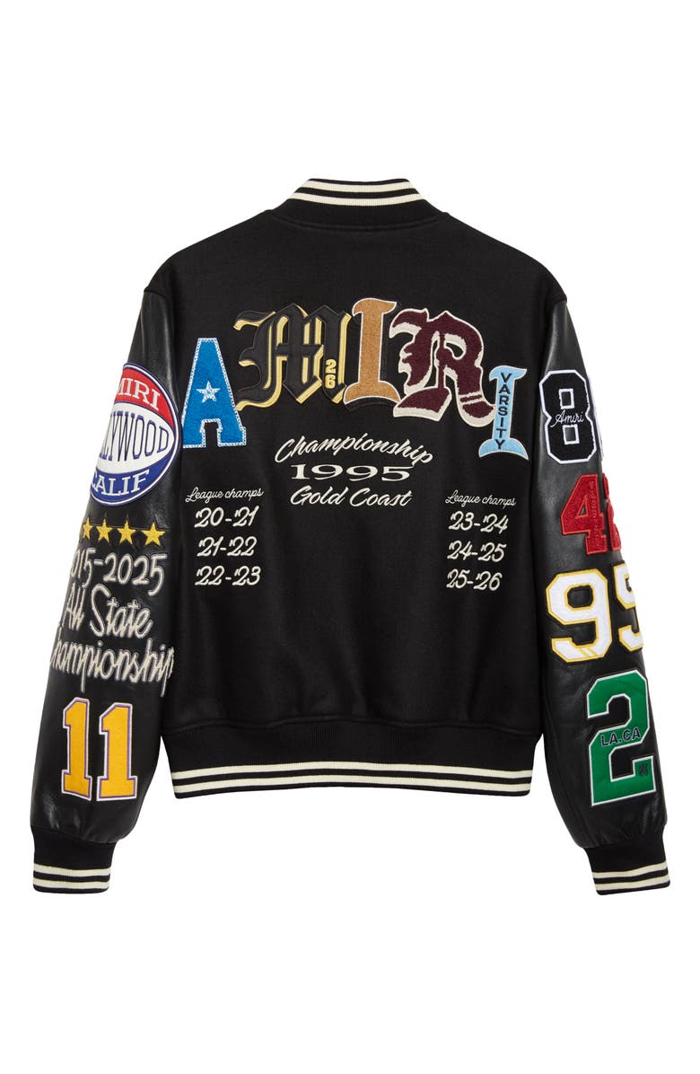 AMIRI Varsity Patch Wool Blend & Leather Jacket, Alternate, color, Black