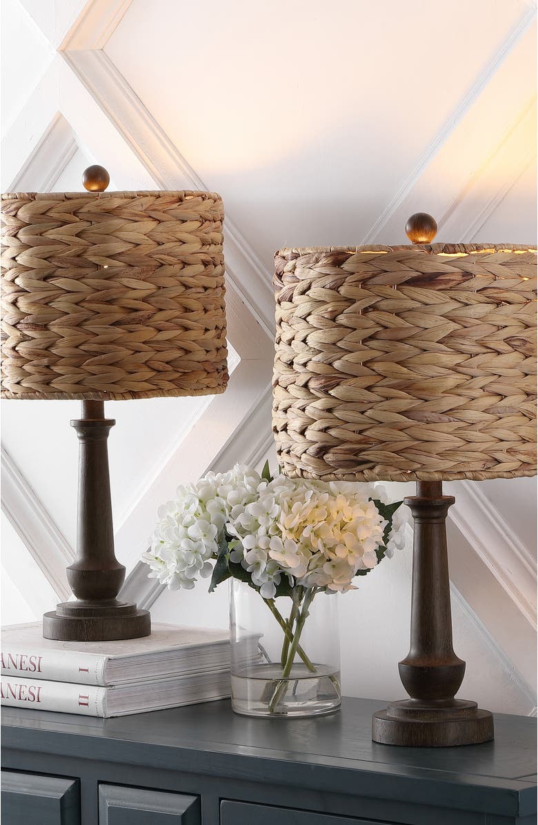 JONATHAN Y Leona 21.25" Rustic Farmhouse Handwoven Water Hyacinth/Resin LED Table Lamp, Brown Wood Finish, Alternate, color, Brown Wood Finish