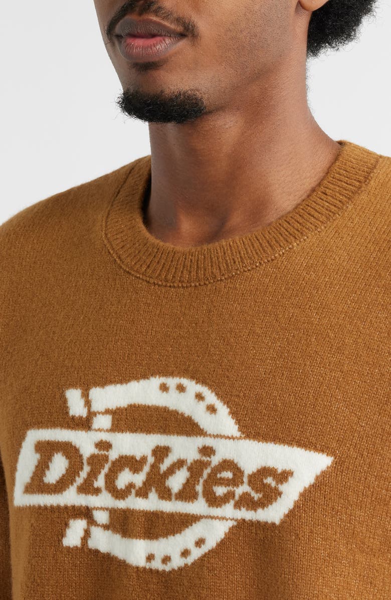 Dickies Ruston Intarsia Logo Crewneck Sweater, Alternate, color, Brown Duck