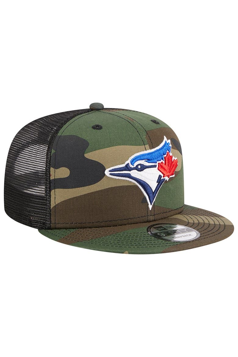 Men's New Era Camo Toronto Blue Jays Woodland Camo Trucker 9FIFTY Snapback Hat, Alternate, color, Camo