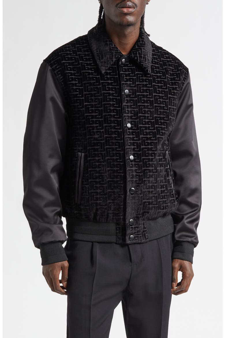 Monogram Velvet & Satin Bomber Jacket, Main, color, EAP BLACK/ BLACK