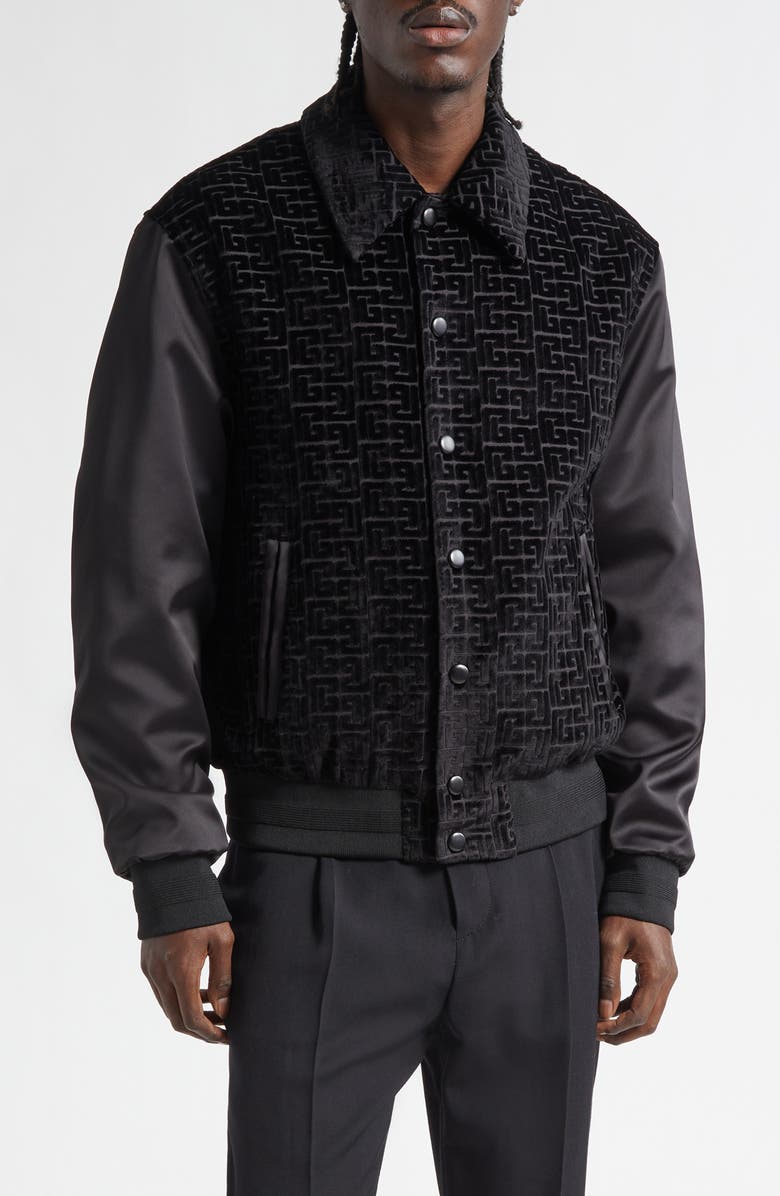 Balmain Monogram Velvet & Satin Bomber Jacket, Main, color, Eap Black/ Black