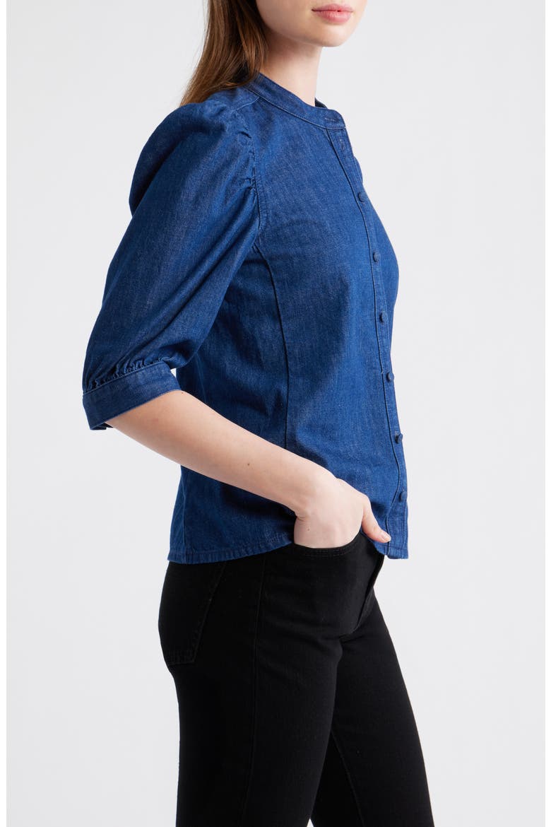 Denim Puff-Sleeve Band-Collar Shirt, Alternate, color, PLUMVILLE WASH