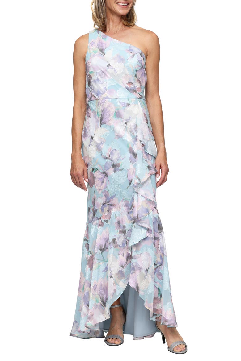 Flower Print Burnout Chiffon One-Shoulder Gown, Main, color, BLUE/ MULTI