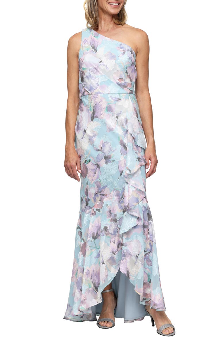 Alex Evenings Flower Print Burnout Chiffon One-Shoulder Gown, Main, color, Blue/ Multi