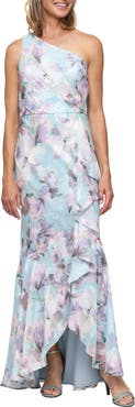 Alex Evenings Flower Print Burnout Chiffon One-Shoulder Gown