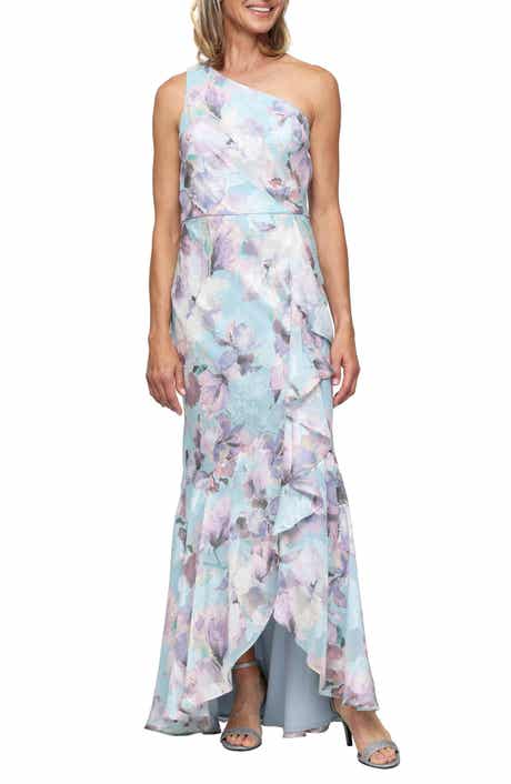Flower Print Burnout Chiffon One-Shoulder Gown