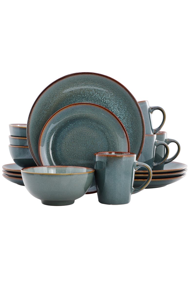 16 Piece Stoneware Dinnerware Set in Blue w/ Brown Rim, Main, color, Blue