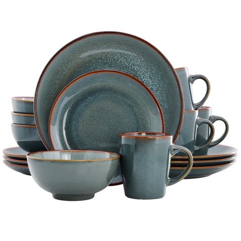 16 Piece Stoneware Dinnerware Set in Blue w/ Brown Rim