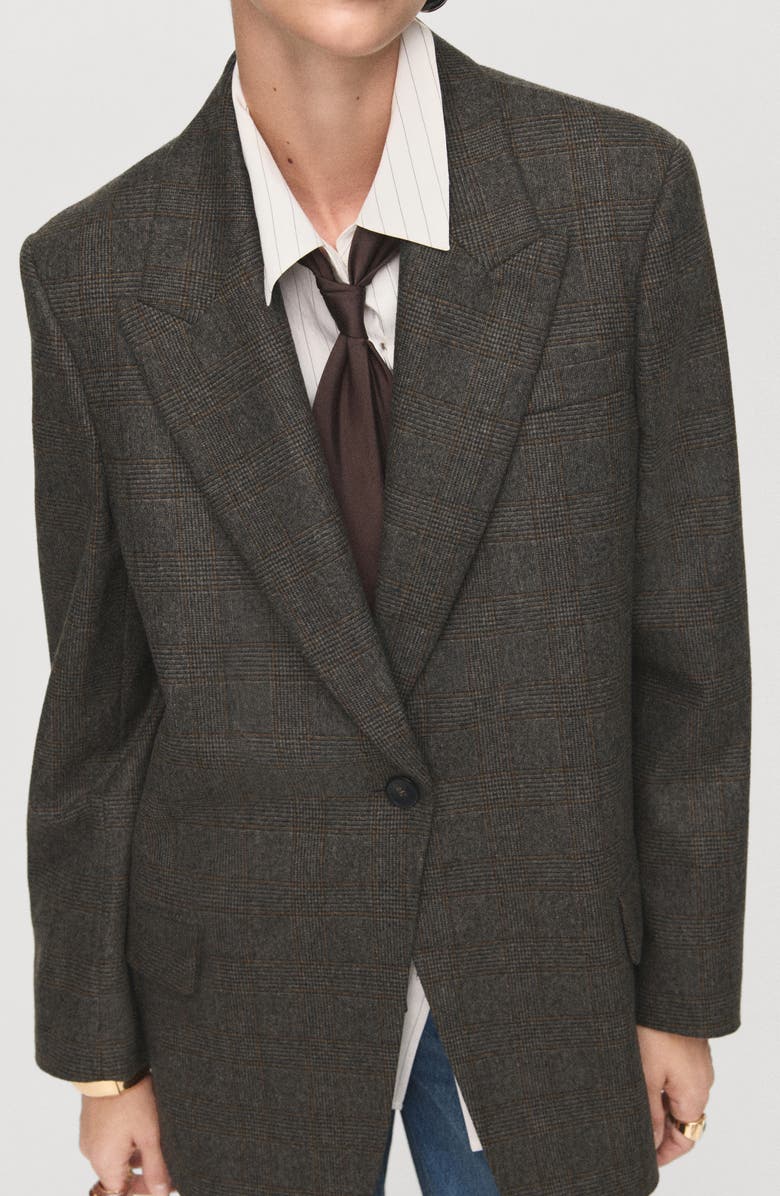 MANGO Houndstooth One-Button Wool Blend Blazer, Main, color, Brown