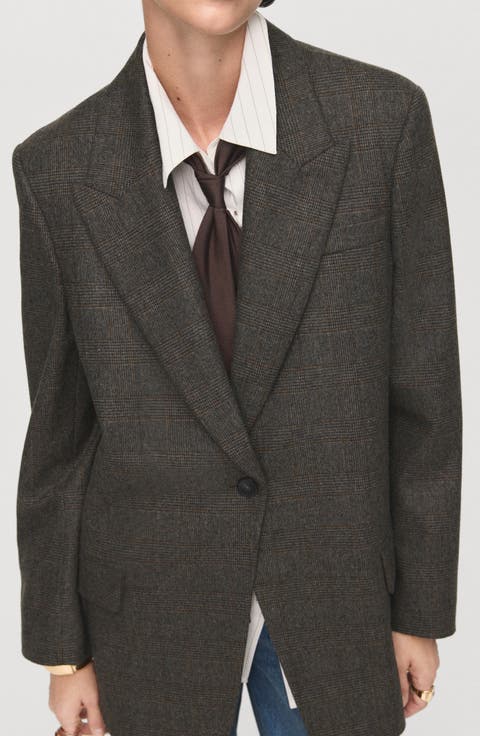 Houndstooth One-Button Wool Blend Blazer