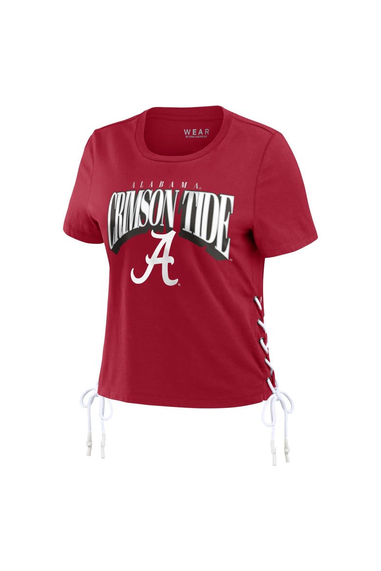 Women's WEAR by Erin Andrews Crimson Alabama Crimson Tide Side Lace-Up Modest Crop T-Shirt, Alternate, color, Crimson