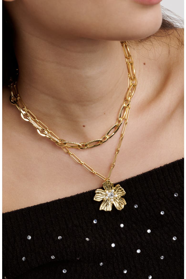 Petrice Flower Pendant Necklace, Alternate, color, GOLD TONE / PEARL / CLEAR