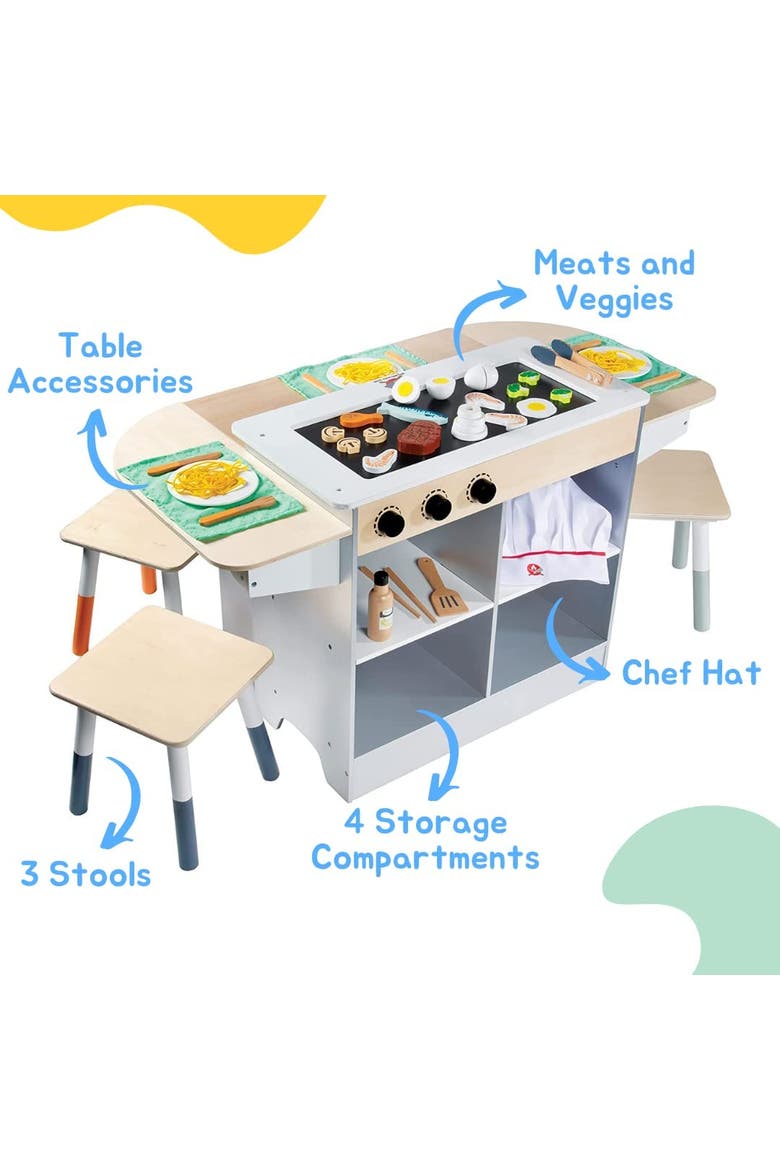 Hibachi Grill Wooden Kids Playset w/ Stools, Table Settings and Over 25 Toy Food Pieces, Alternate, color, None