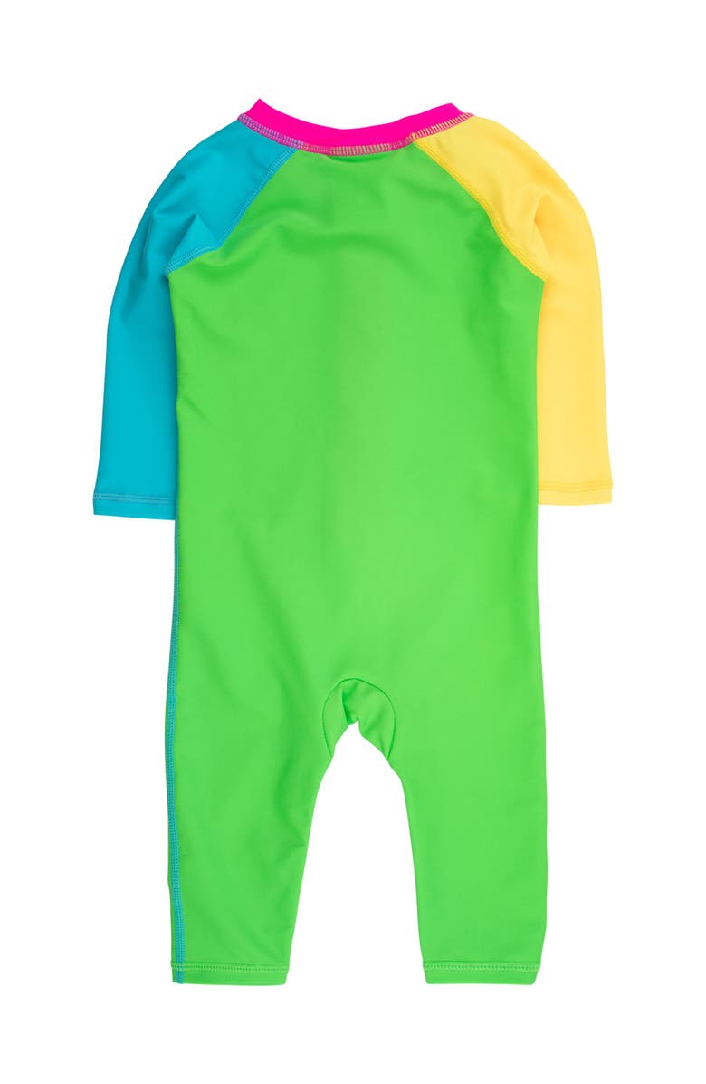 RuggedButts UPF50+ Sun Protected Full Length Long Sleeve Rash Guard One Piece Swimsuit, Alternate, color, Neon Color Block
