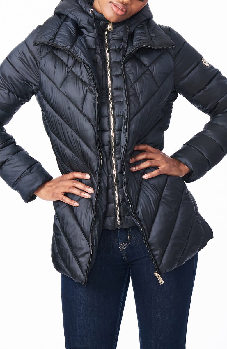 Bernardo Asymmetrical Channel Quilted Jacket with Hooded Bib Inset, Main, color, 