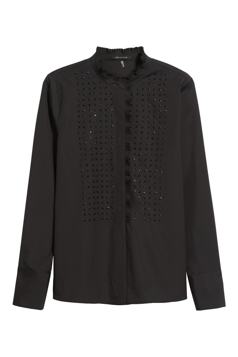 Mick Rhinestone Ruffle Cotton Blend Button-Up Shirt, Alternate, color, BLACK