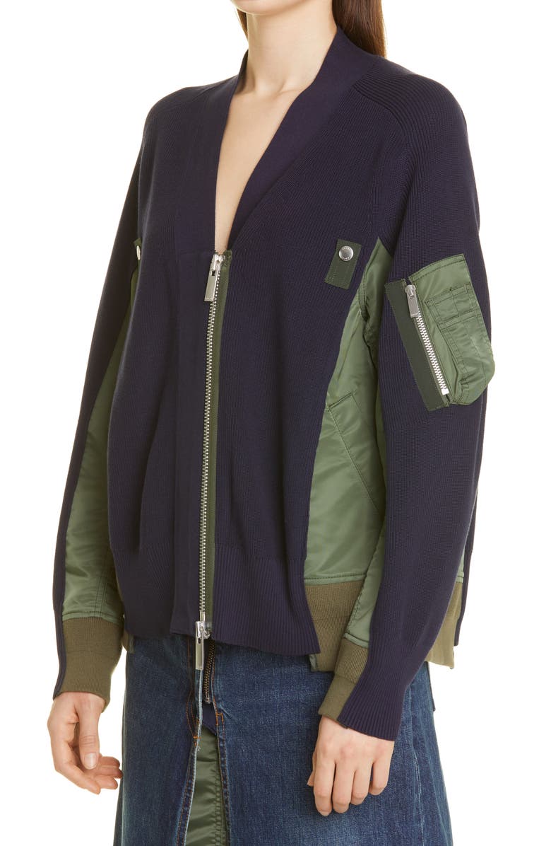 Sacai Hybrid Cotton & Nylon MA-1 Sweater Jacket, Alternate, color, Navy