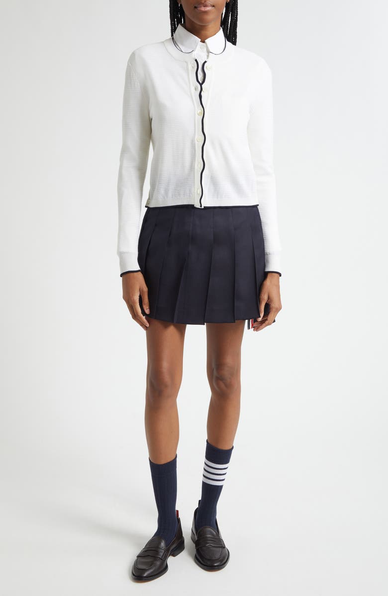 Thom Browne Textured Stitch Virgin Wool Crewneck Cardigan, Alternate, color, White