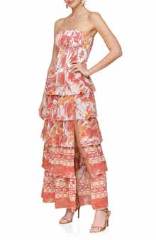 Avec Les Filles Mixed Print Strapless Tiered Maxi Dress