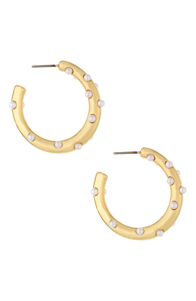 Ettika Imitation Pearl Hoop Earrings, Alternate, color, Gold