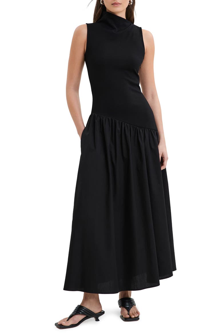 Hutton Sleeveless Mixed Media Maxi Dress, Main, color, BLACK