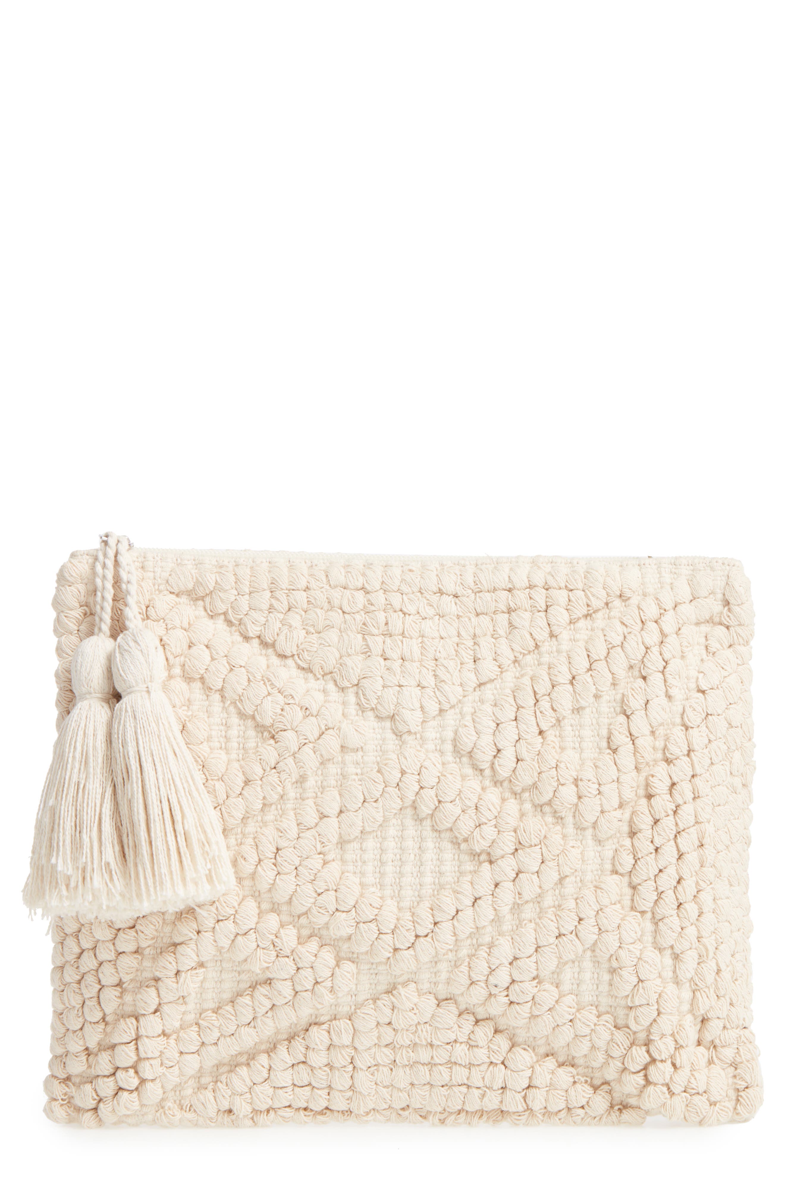 Palisades Tasseled Woven Clutch, Main, color, CREAM