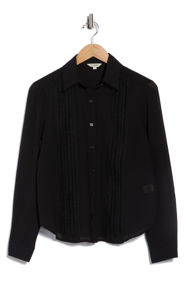 MAX STUDIO Embroidered Pleated Button-Up Shirt, Alternate, color, Black