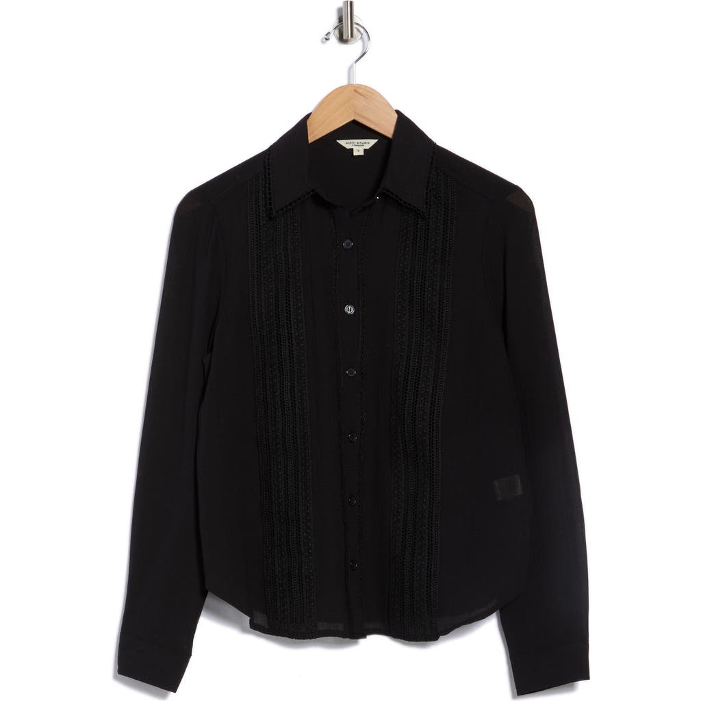 Max Studio Embroidered Pleated Button-up Shirt In Black