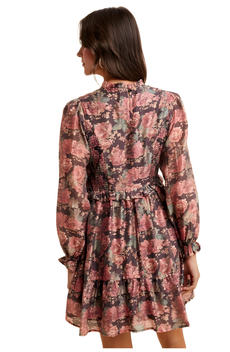 Knit and Lounge Romantic Floral Ruffle Mini Dress with Sheer Long Sleeves, Alternate, color,