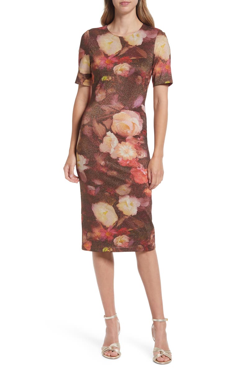 Black Halo Layne Floral Print Short Sleeve Knit Midi Dress, Main, color, 