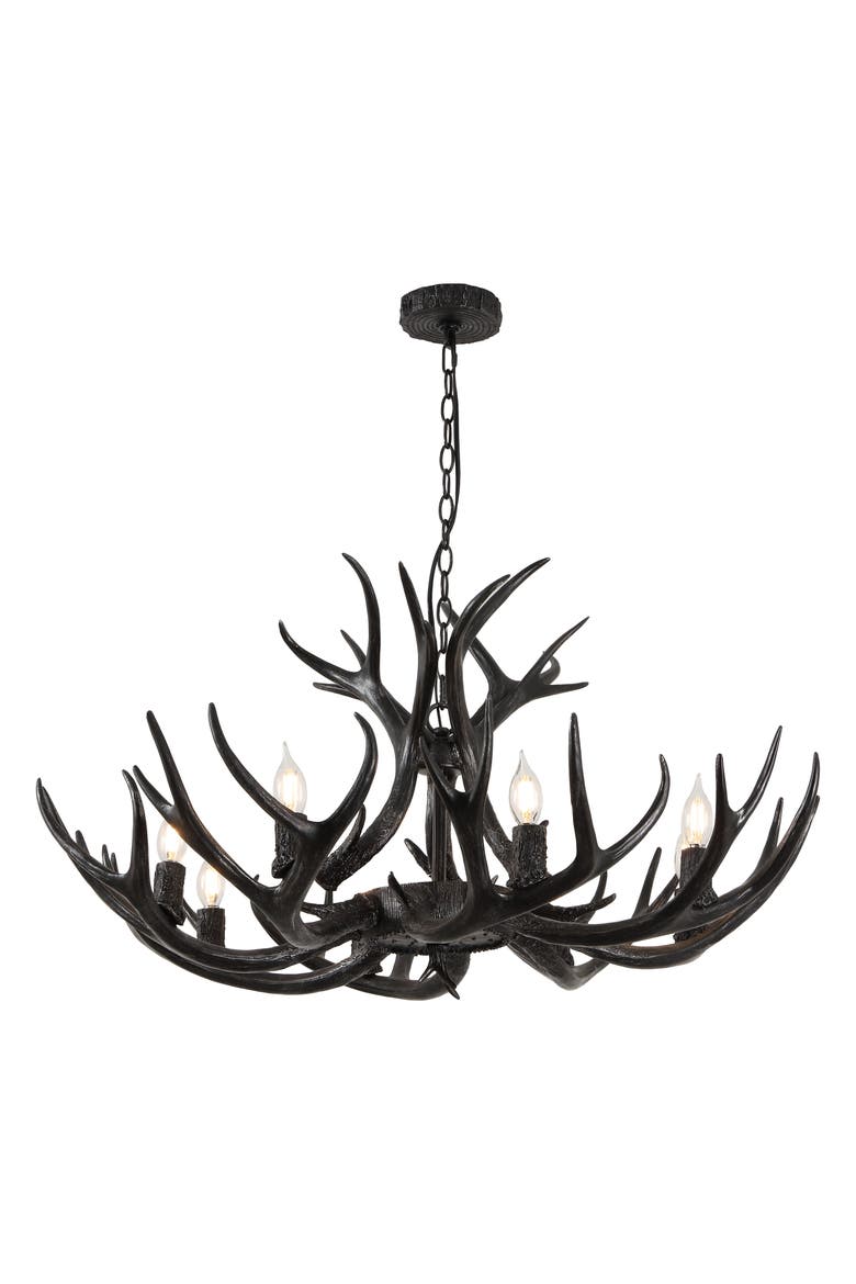 Eldora 36" 8-Light Rustic Farmhouse Adjustable Resin Antler LED Chandelier, Brown, Main, color, Black