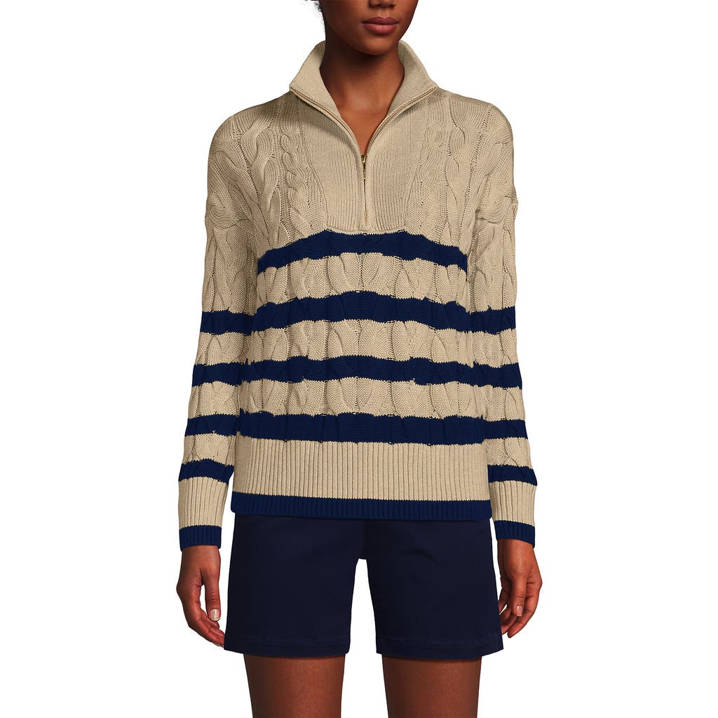 Lands' End Drifter Cotton Quarter Zip Pullover Sweater In Champagne/deep Sea Gulf Stripe