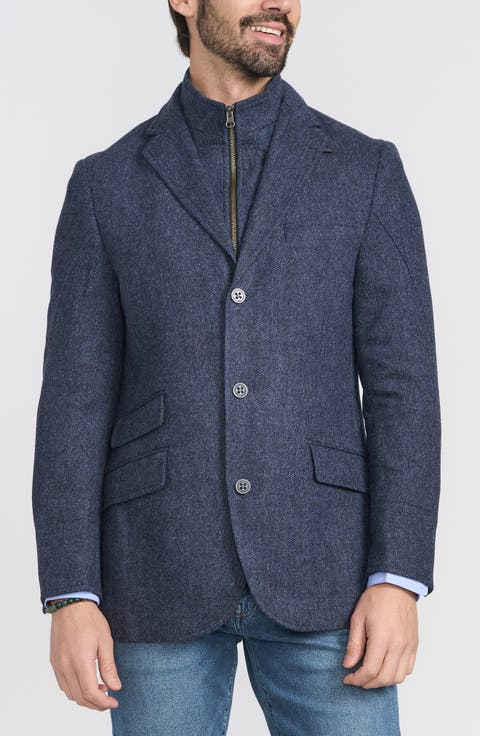 Blue Herringbone Wool & Cashmere Hybrid Sport Coat with Removable Bib (Regular & Big)