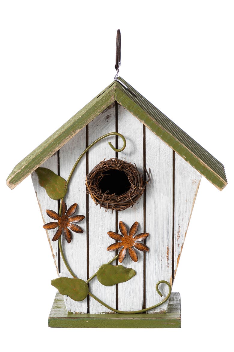 Distressed Solid Wood Decorative Outdoor Garden Birdhouse with 3D Flower or Maple, Alternate, color, Green