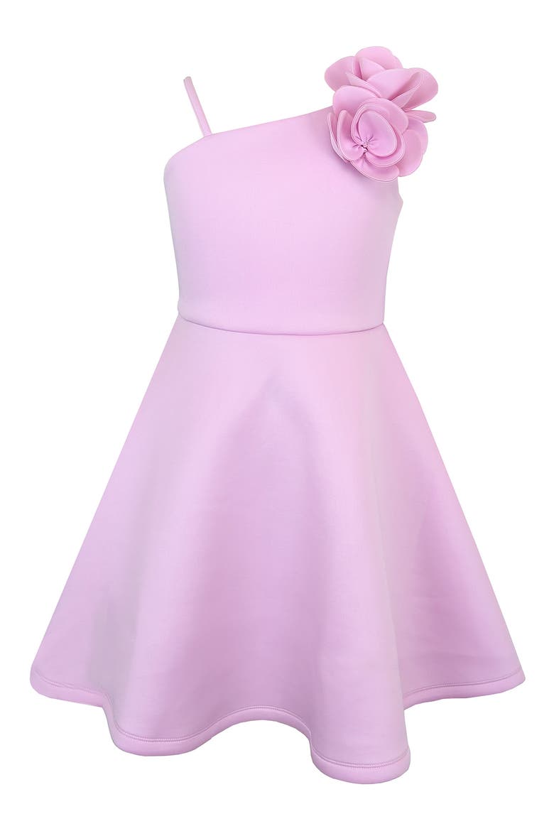 Kids' One-Shoulder 3D Flower Scuba Knit Dress, Main, color, ORCHID