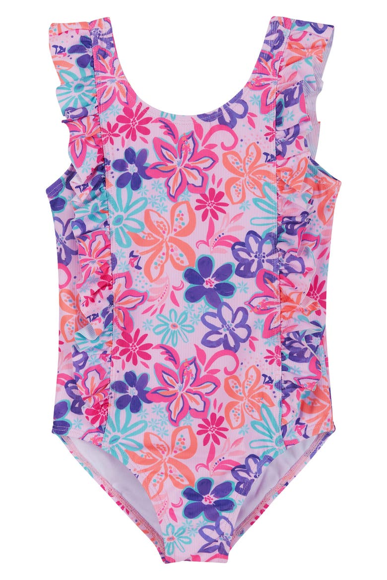 Kids' Beach Icon Ruffle One-Piece Swimsuit, Main, color, PURPLE TROPIC